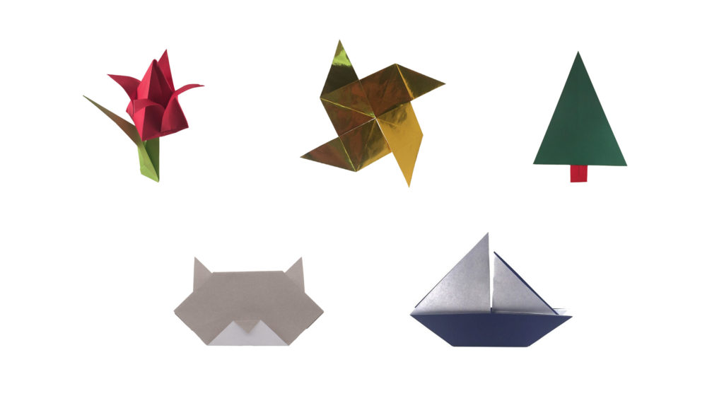 easy origami for kids: models shown include the origami tulip, pinwheel, christmas tree, cat face, and sailboat