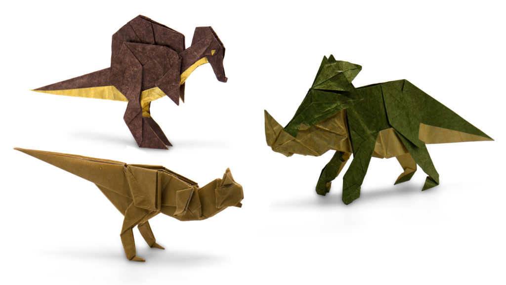 three origami dinosaurs: Styracosaurus and Spinosaurus were both designed by Chen Xiao, and the Carnotaurus is by Satoshi Kamiya.