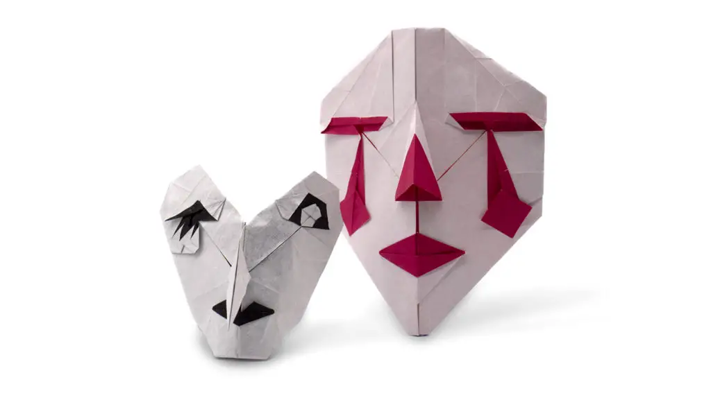 origami witch mask and origami clown mask both designed by Hideo Komatsu
