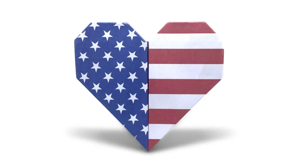 easy traditional origami heart with stars on one side and stripes on the other like the American flag