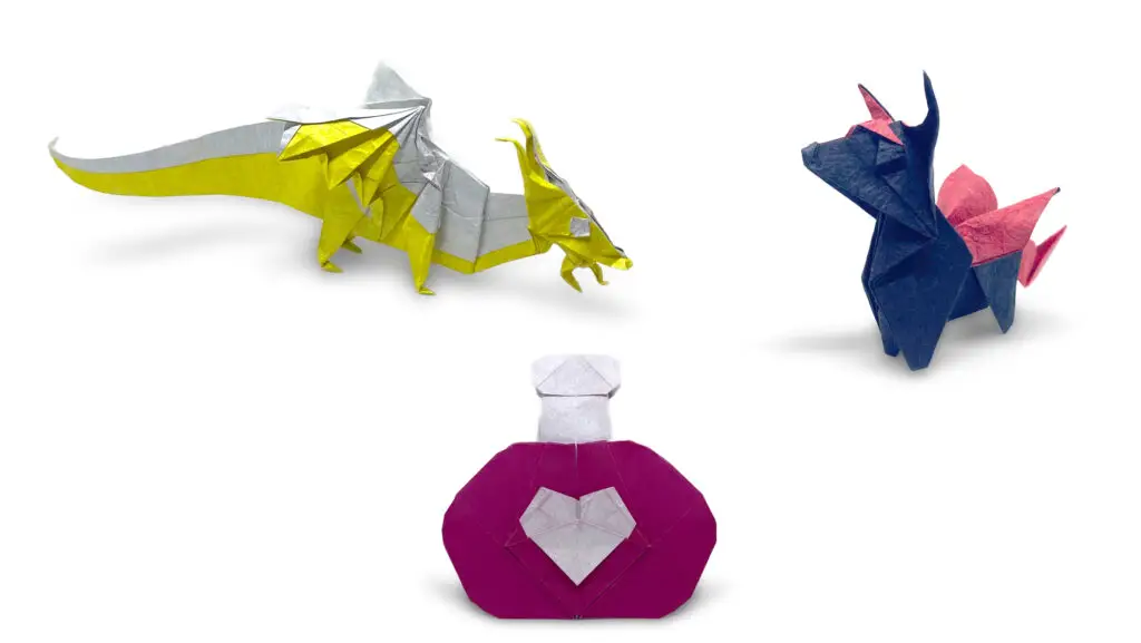 three models from Peter Buchan-Symons’s folding fantasy origami book - dragon, dog dragon, and love potion
